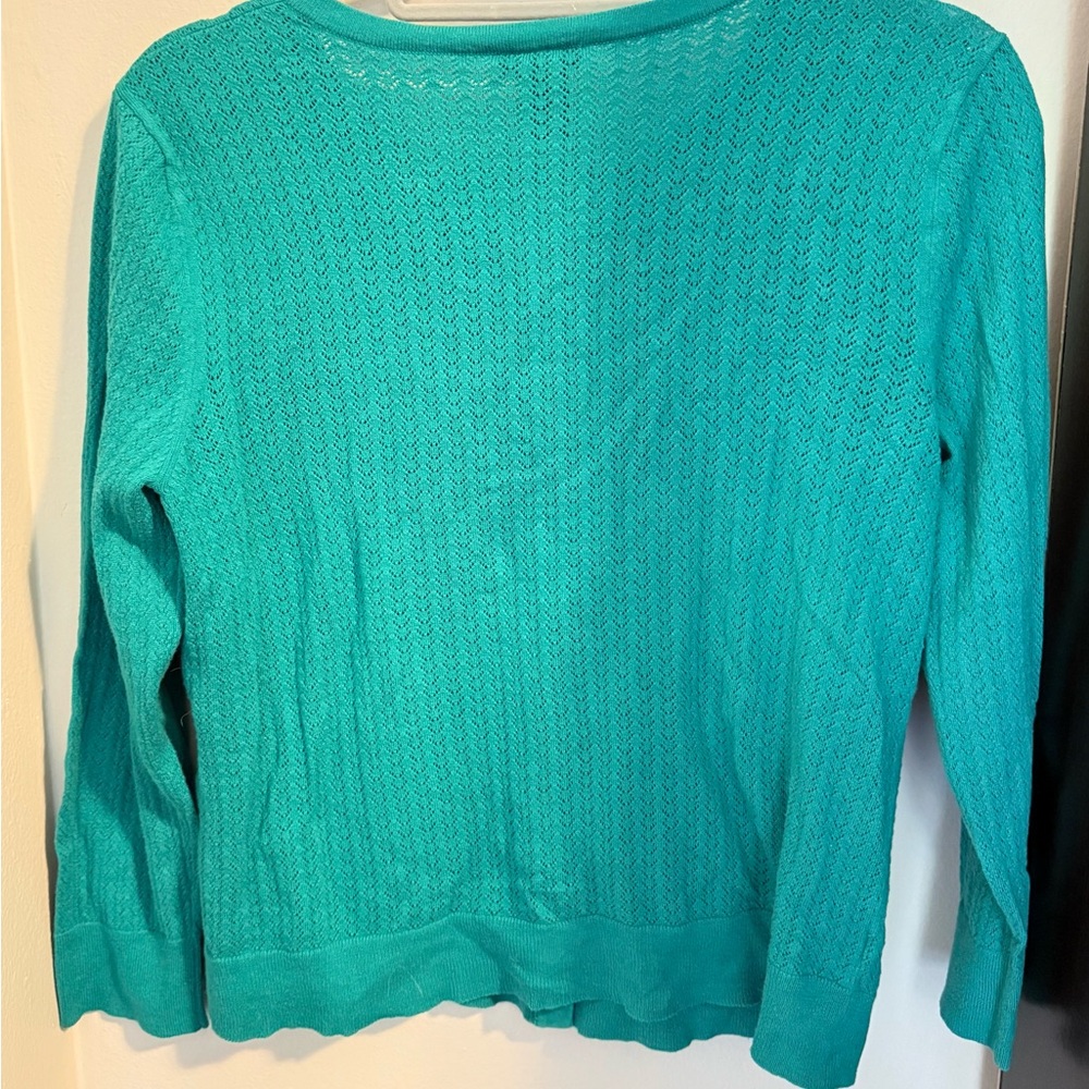 Ann Taylor Women's Teal Cardigan Pointelle Sweater - Picture 3 of 3